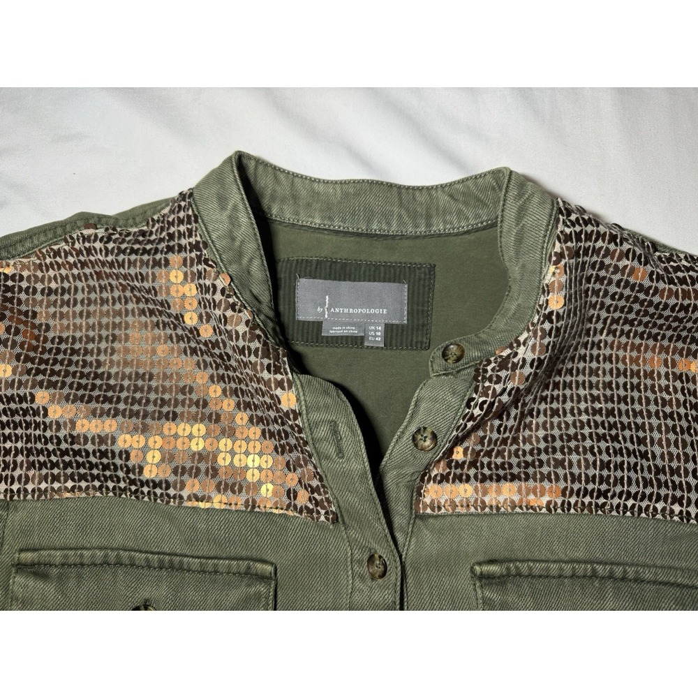 Anthropologie Henley Top Women's 10 Green Sequin Button Up Long Sleeve Western - Picture 3 of 7